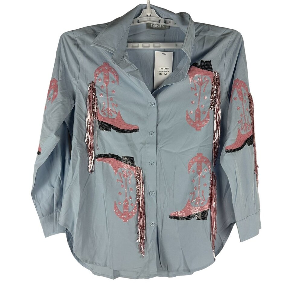 Blue b Womens Baby Blue & Pink Sequin Fringe Cowboy Boot Print Button-Up Shirt M